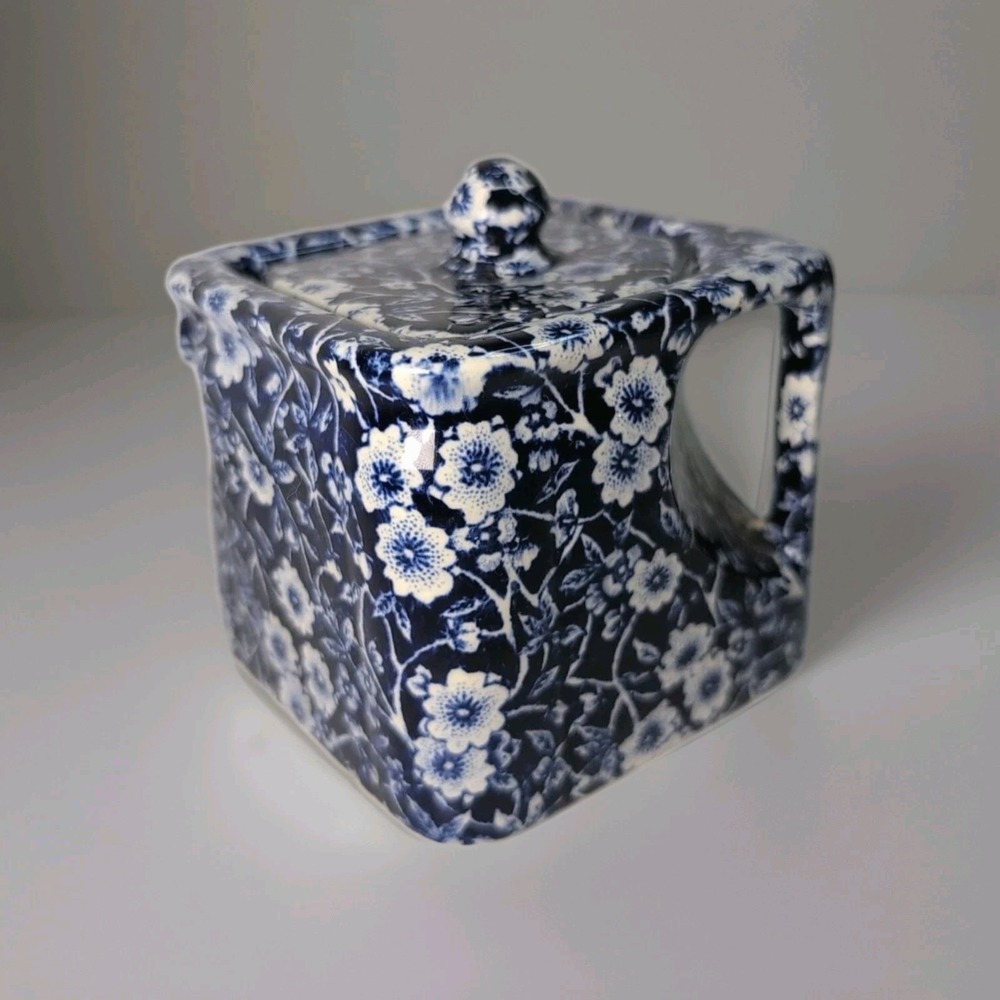 RARE Art Deco Burleigh Staffordshire England Cube Teapot Calico Blue Floral 1950